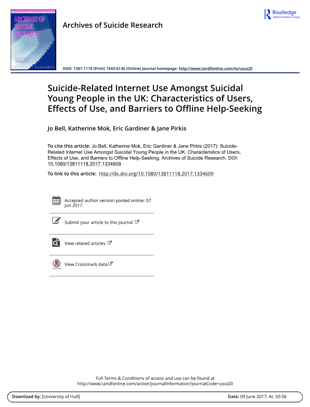 Suicide-Related Internet Use Amongst Suicidal Young People in the UK: Characteristics of Users, Effects of Use, and Barriers to Offline Help-Seeking