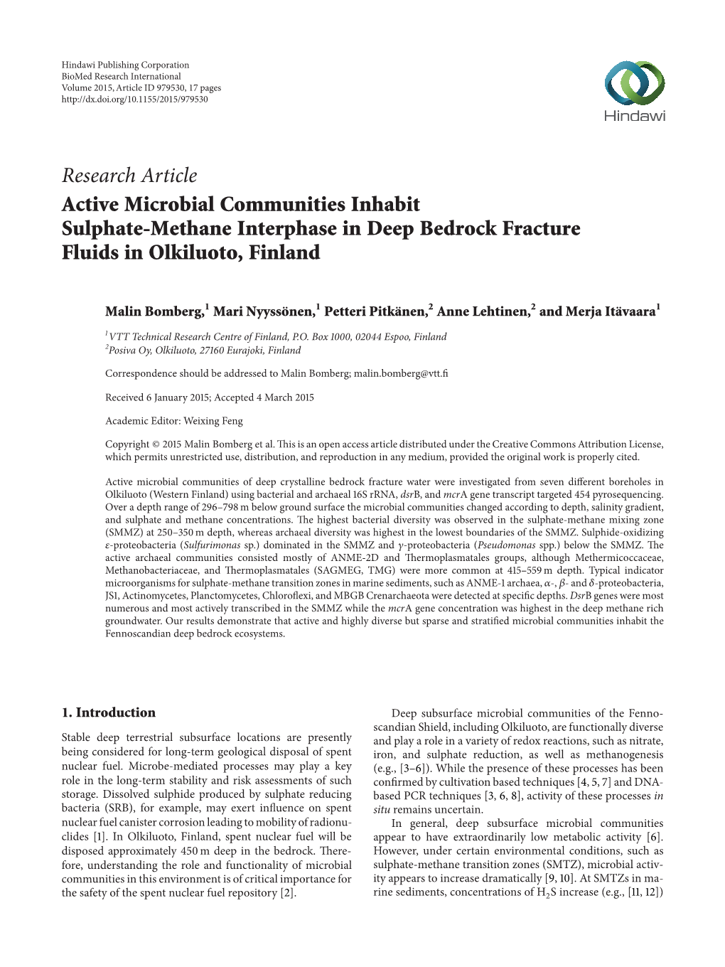 Active Microbial Communities Inhabit Sulphate-Methane Interphase in Deep Bedrock Fracture Fluids in Olkiluoto, Finland