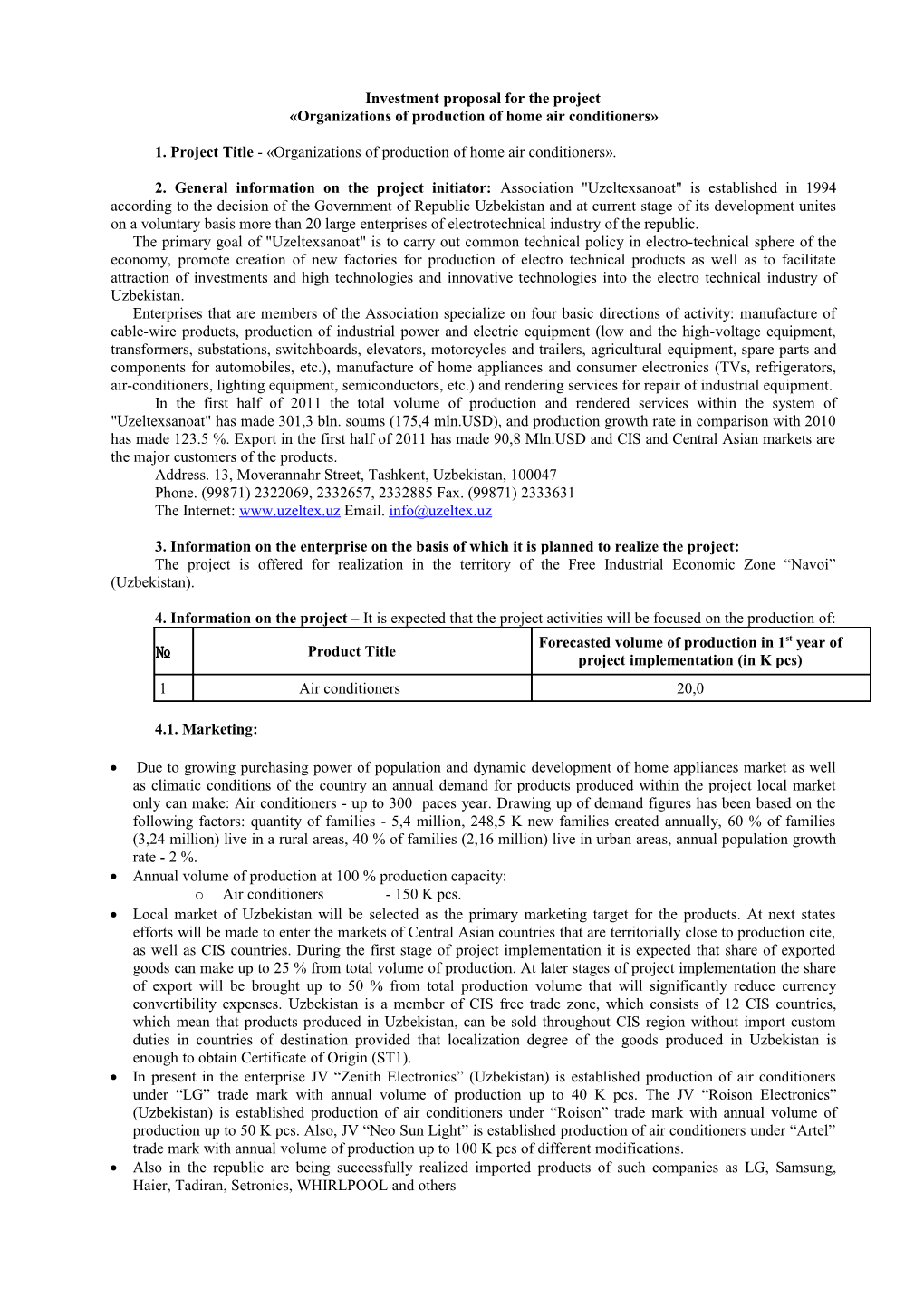 Investment Proposal for the Project