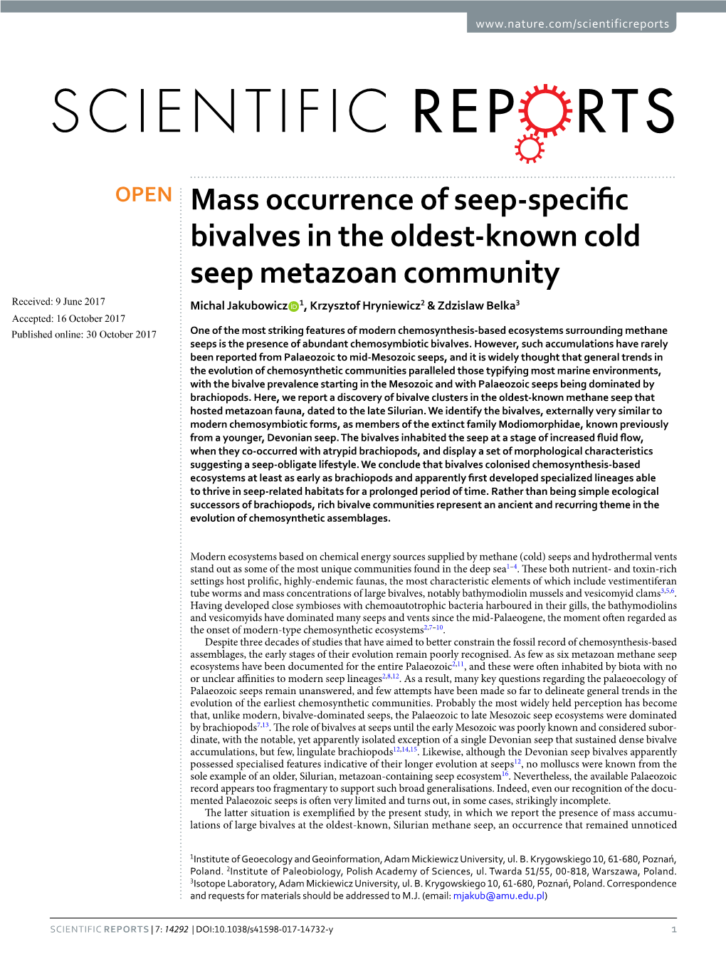 Mass Occurrence of Seep-Specific Bivalves in the Oldest-Known Cold