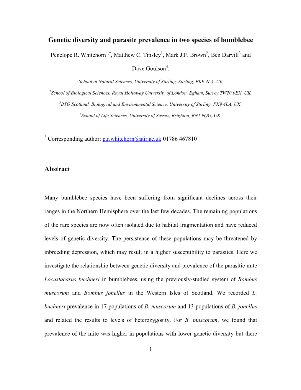 Genetic Diversity and Parasite Prevalence in Two Species of Bumblebee