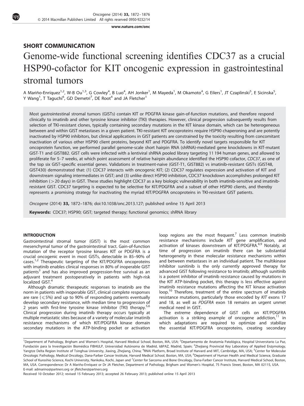 Genome-Wide Functional Screening Identifies CDC37 As a Crucial HSP90-Cofactor for KIT Oncogenic Expression in Gastrointestinal S