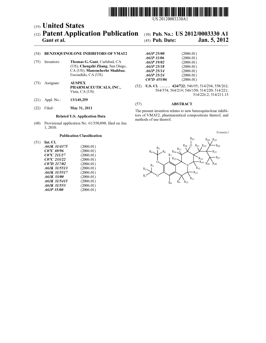 (12) Patent Application Publication (10) Pub. No.: US 2012/0003330 A1 Gant Et Al