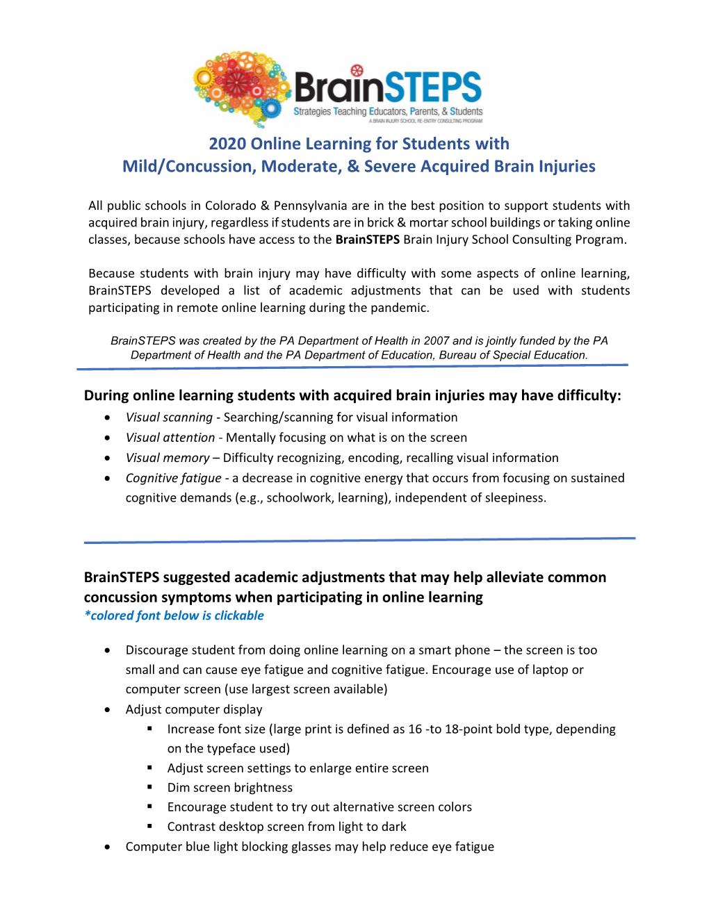 Brainsteps – 2020 Online Learning for Students with Mild/Concussion