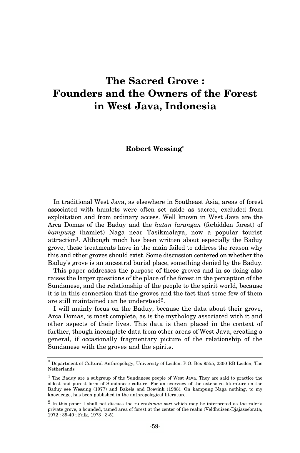 The Sacred Grove : Founders and the Owners of the Forest in West Java, Indonesia