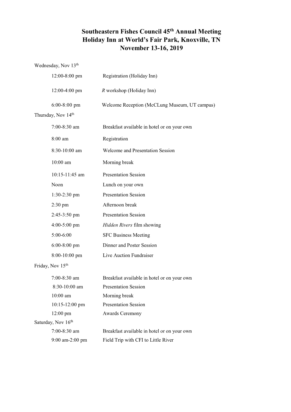 Southeastern Fishes Council 45Th Annual Meeting Holiday Inn at World’S Fair Park, Knoxville, TN November 13‐16, 2019