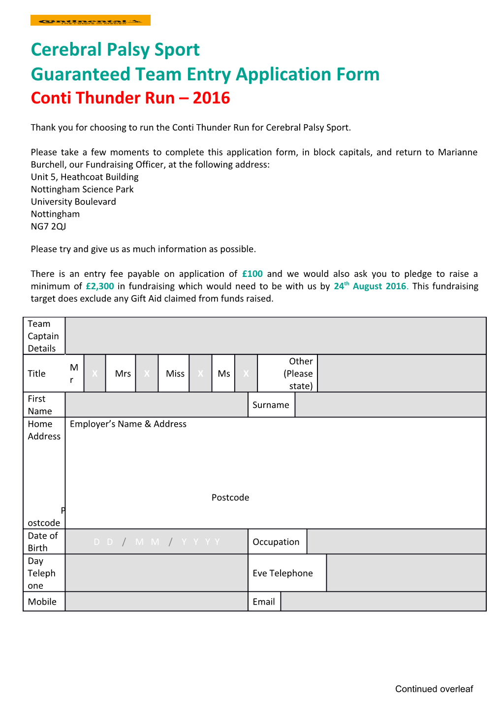 Guaranteed Team Entry Application Form