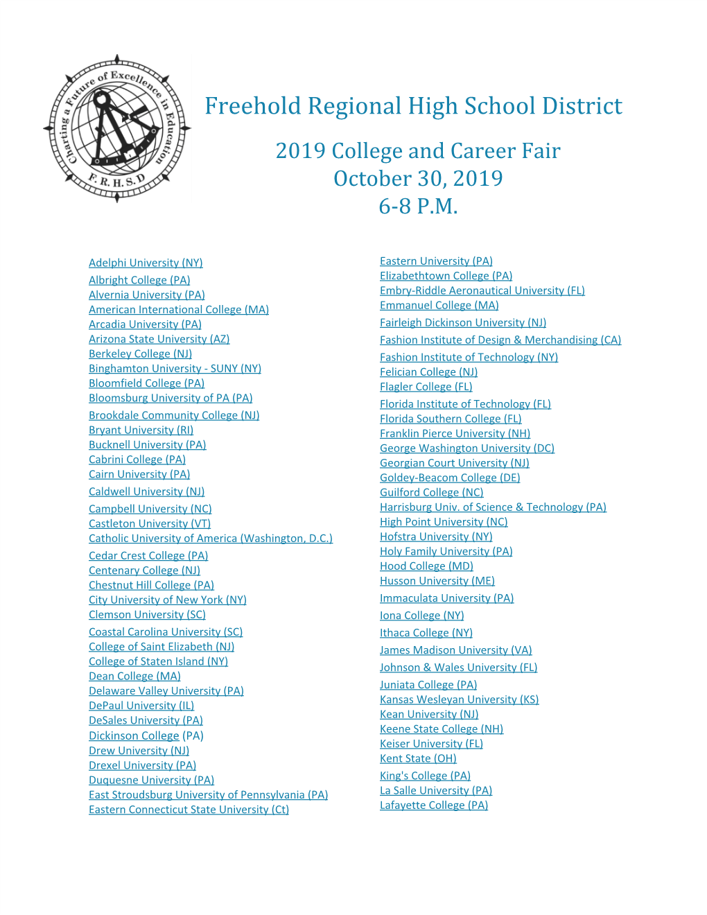 ​Freehold Regional High School District 2019 College and Career Fair October 30, 2019 6-8 P.M