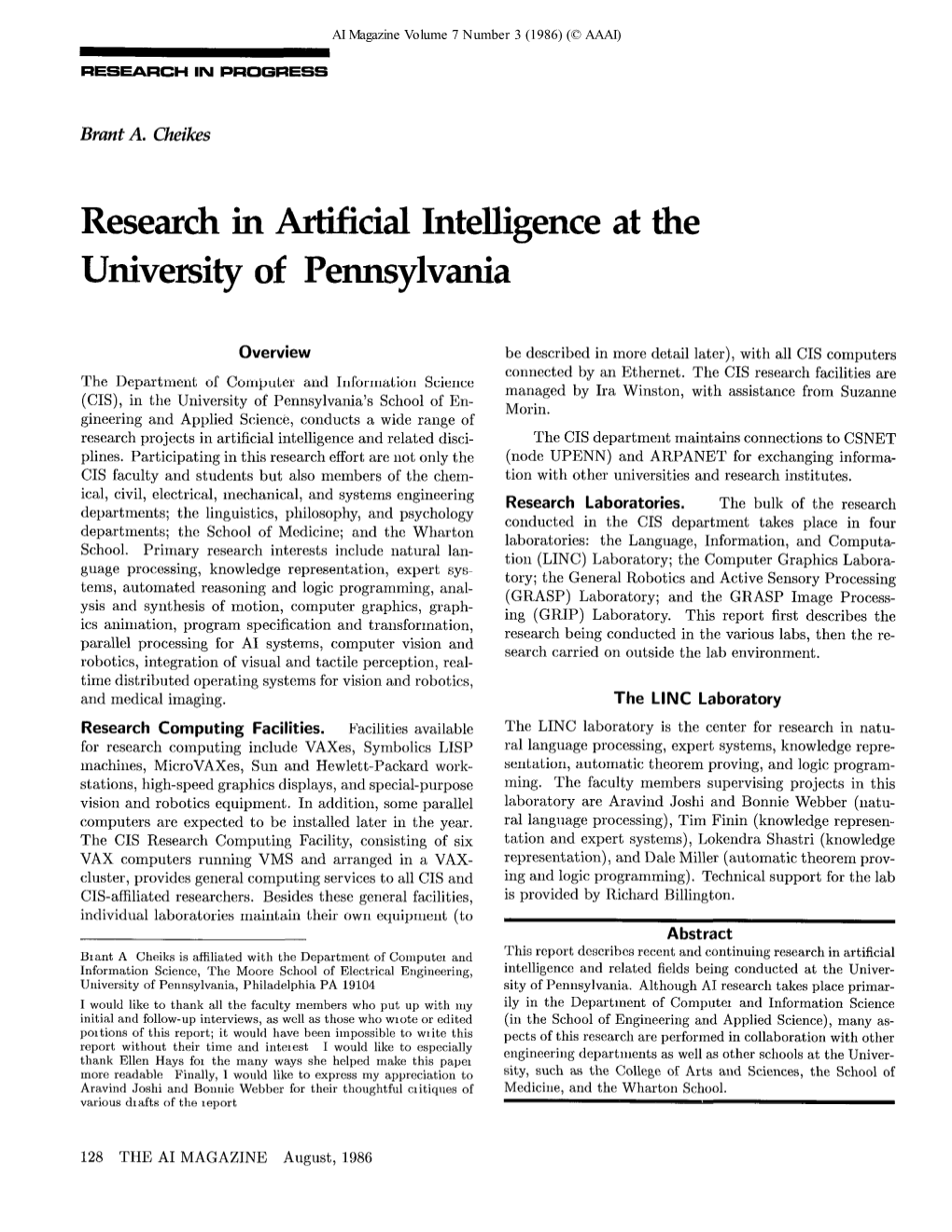 Research in Artificial Intelligence at the University of Pennsylvania