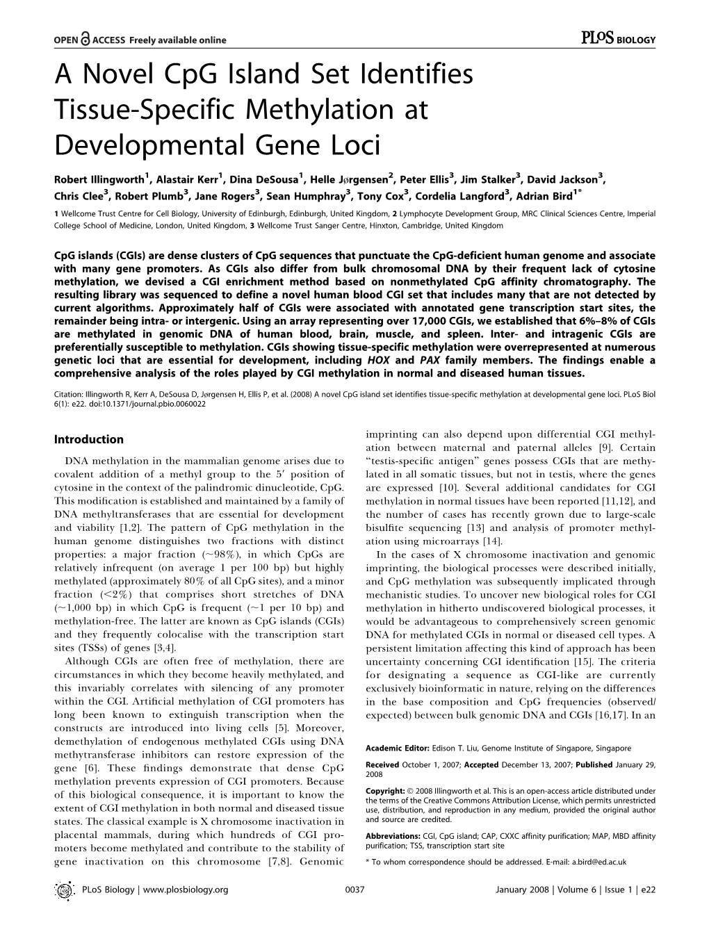 A Novel Cpg Island Set Identifies Tissue-Specific Methylation at Developmental Gene Loci