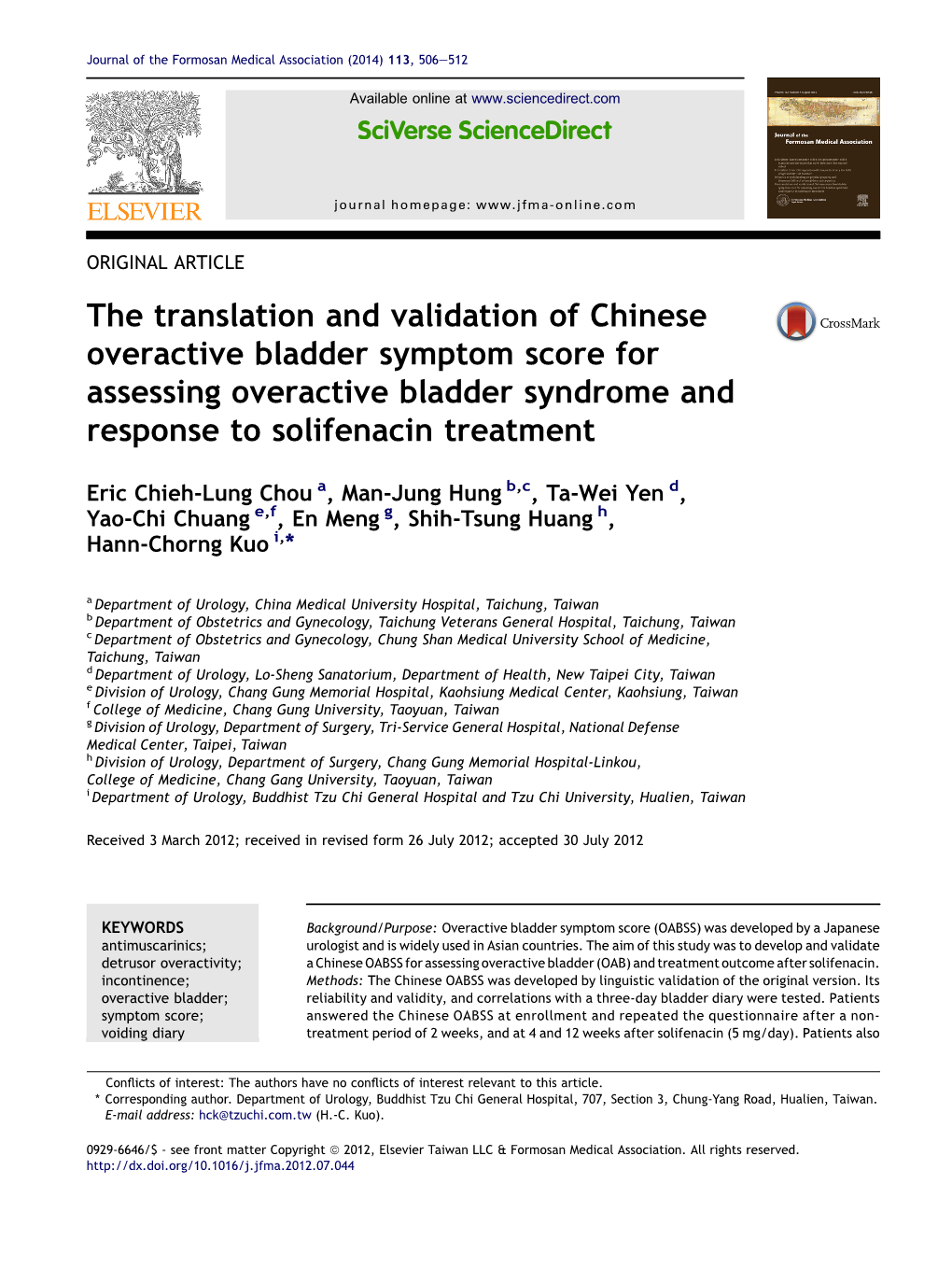 The Translation and Validation of Chinese Overactive Bladder Symptom Score for Assessing Overactive Bladder Syndrome and Response to Solifenacin Treatment