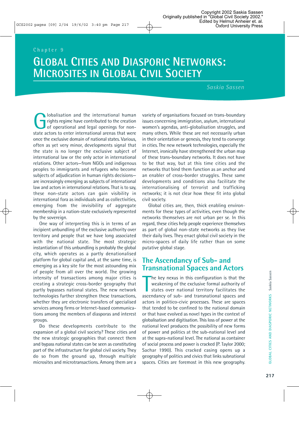 "Global Cities and Diasporic Networks: Microsites in Global Civil Society"