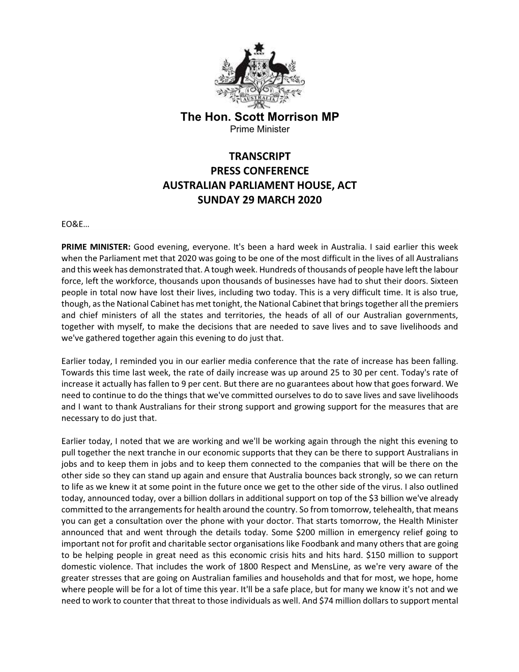 Transcript Press Conference Australian Parliament House, Act Sunday 29 March 2020