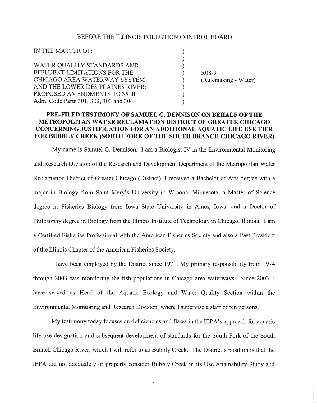 Before the Illinois Pollution Control Board in the Matter Of: Water Quality Standards and Effluent Limitations for the Chicago A