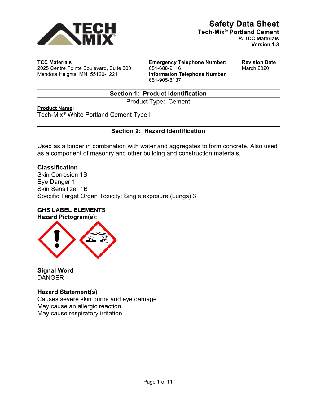 Safety Data Sheet Tech-Mix® Portland Cement © TCC Materials Version 1.3