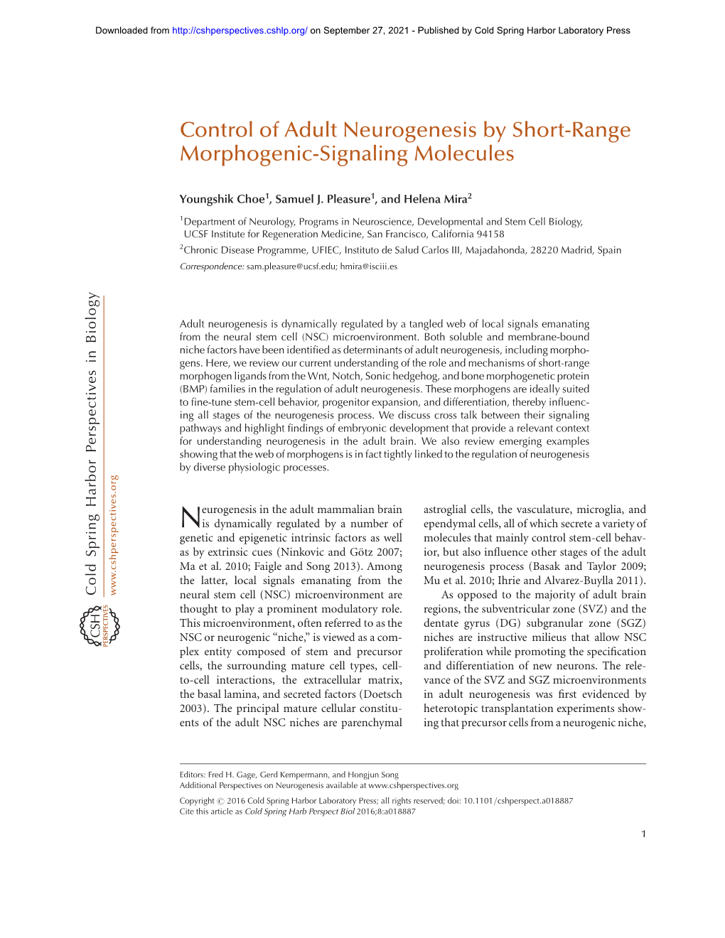Control of Adult Neurogenesis by Short-Range Morphogenic-Signaling Molecules