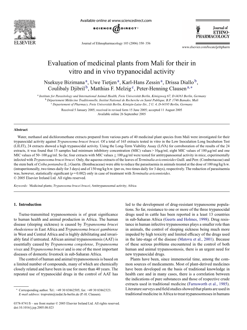 Evaluation of Medicinal Plants from Mali for Their in Vitro and in Vivo