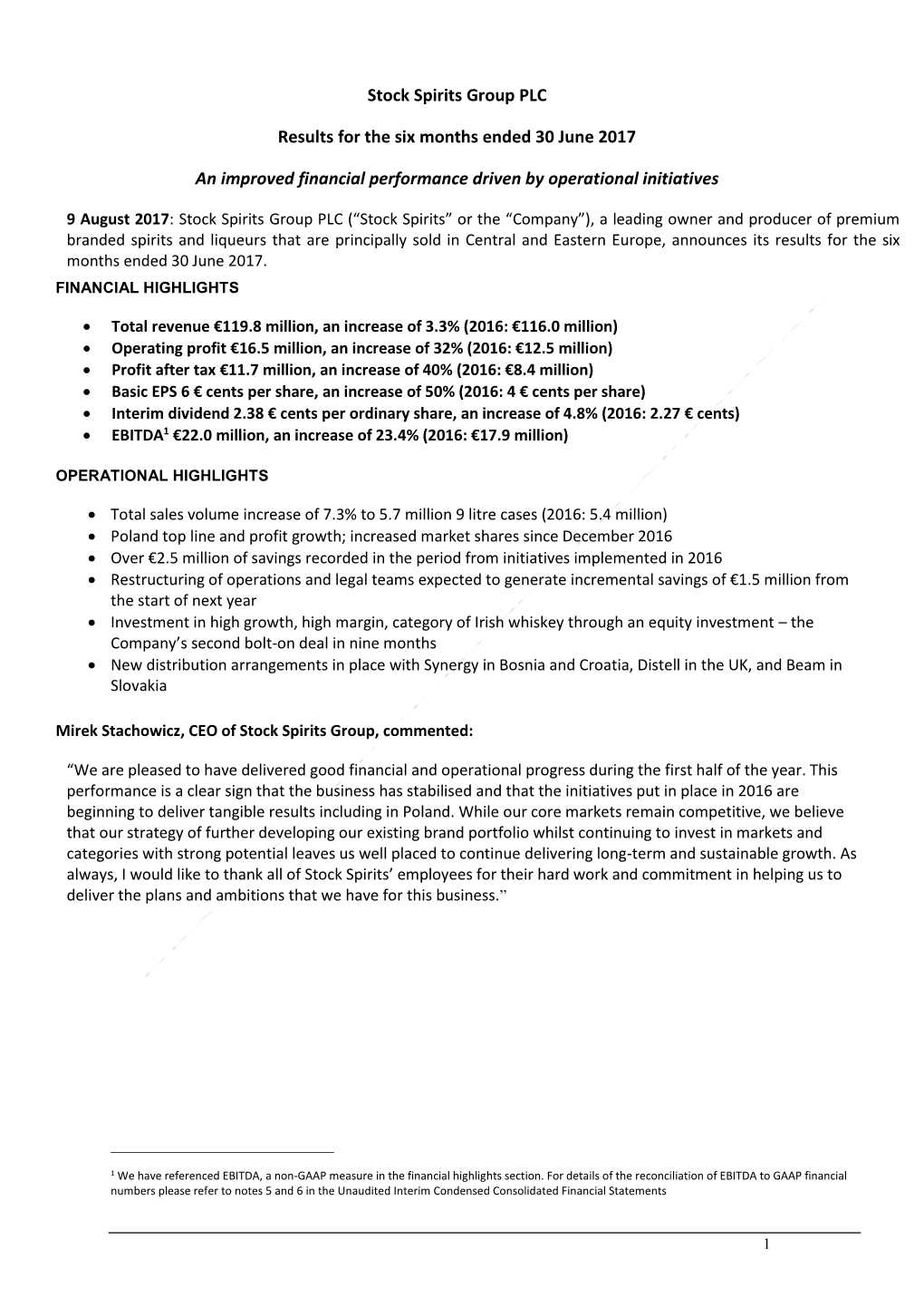 Stock Spirits Group PLC Results for the Six Months Ended 30 June 2017