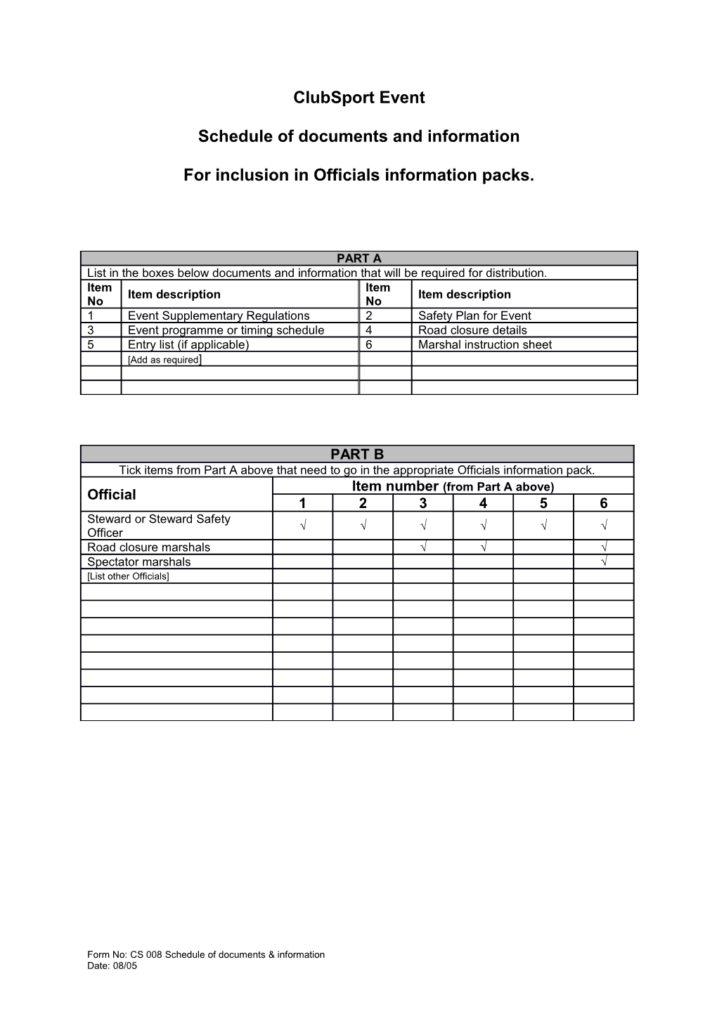 Schedule of Documents and Information