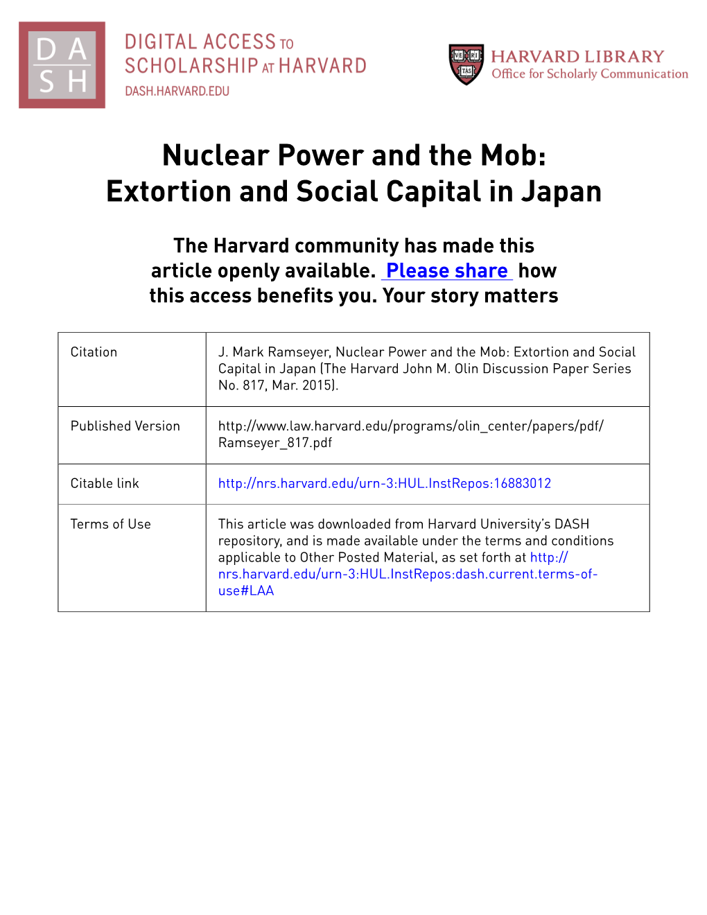 Nuclear Power and the Mob: Extortion and Social Capital in Japan