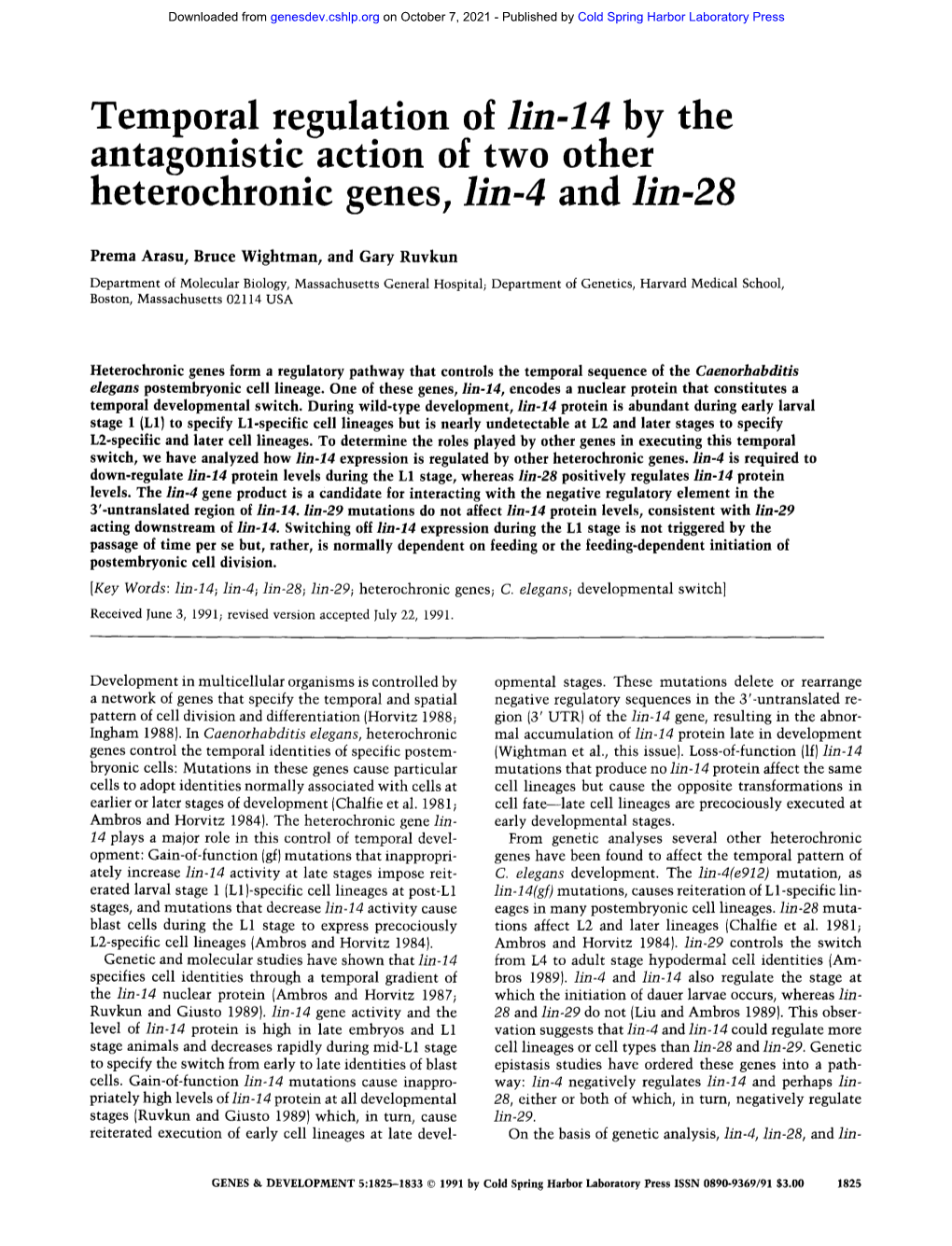 Temporal Regulation of H'n-14 by the Antagonistic Action of Two Other Heterochronic Genes, H'n-4 and Lin-28