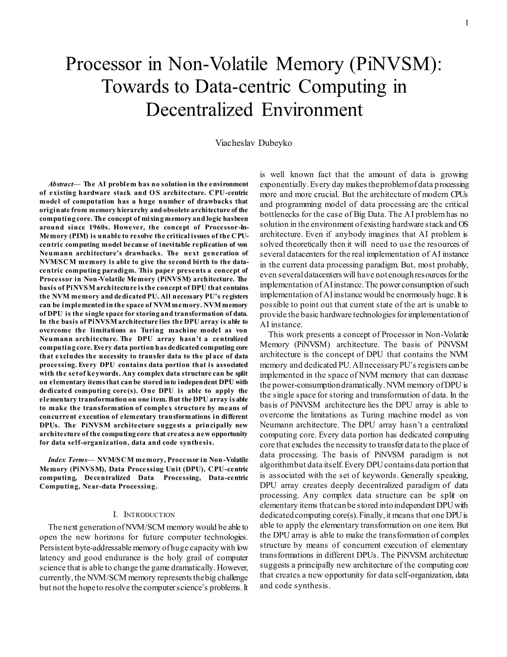 Processor in Non-Volatile Memory (Pinvsm): Towards to Data-Centric Computing in Decentralized Environment