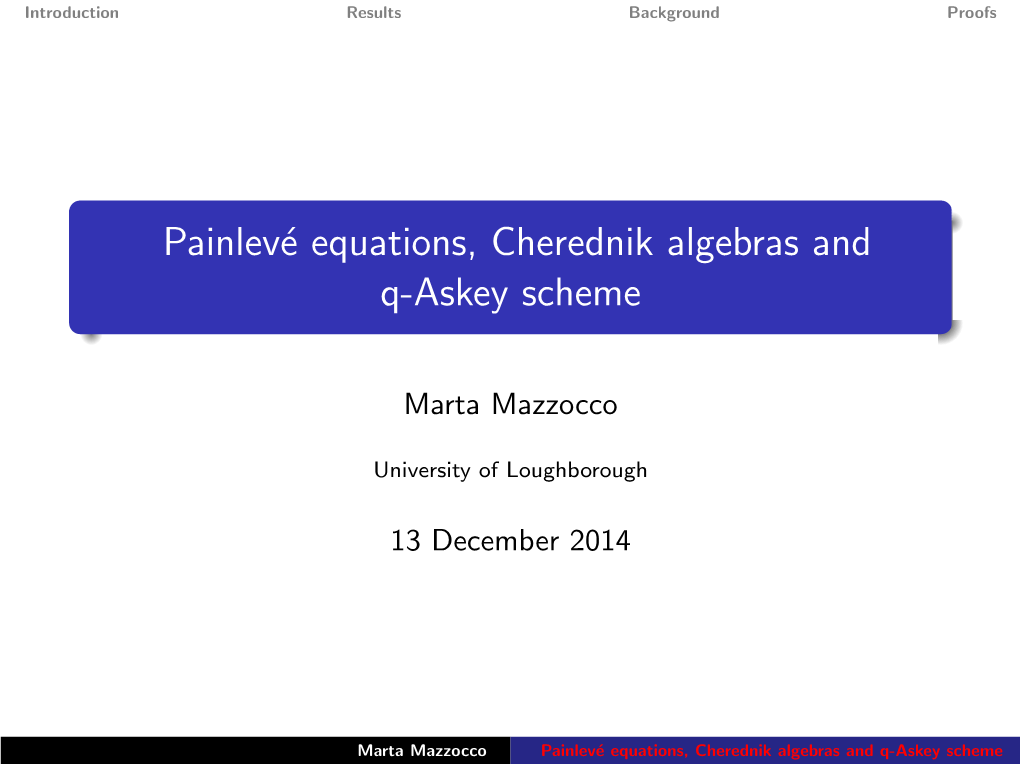 Painlevé Equations, Cherednik Algebras and Q-Askey Scheme