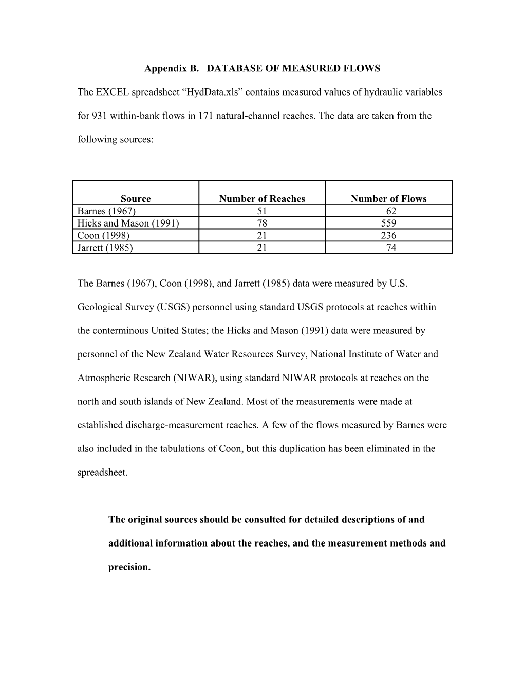 Appendix B. DATABASE of MEASURED FLOWS