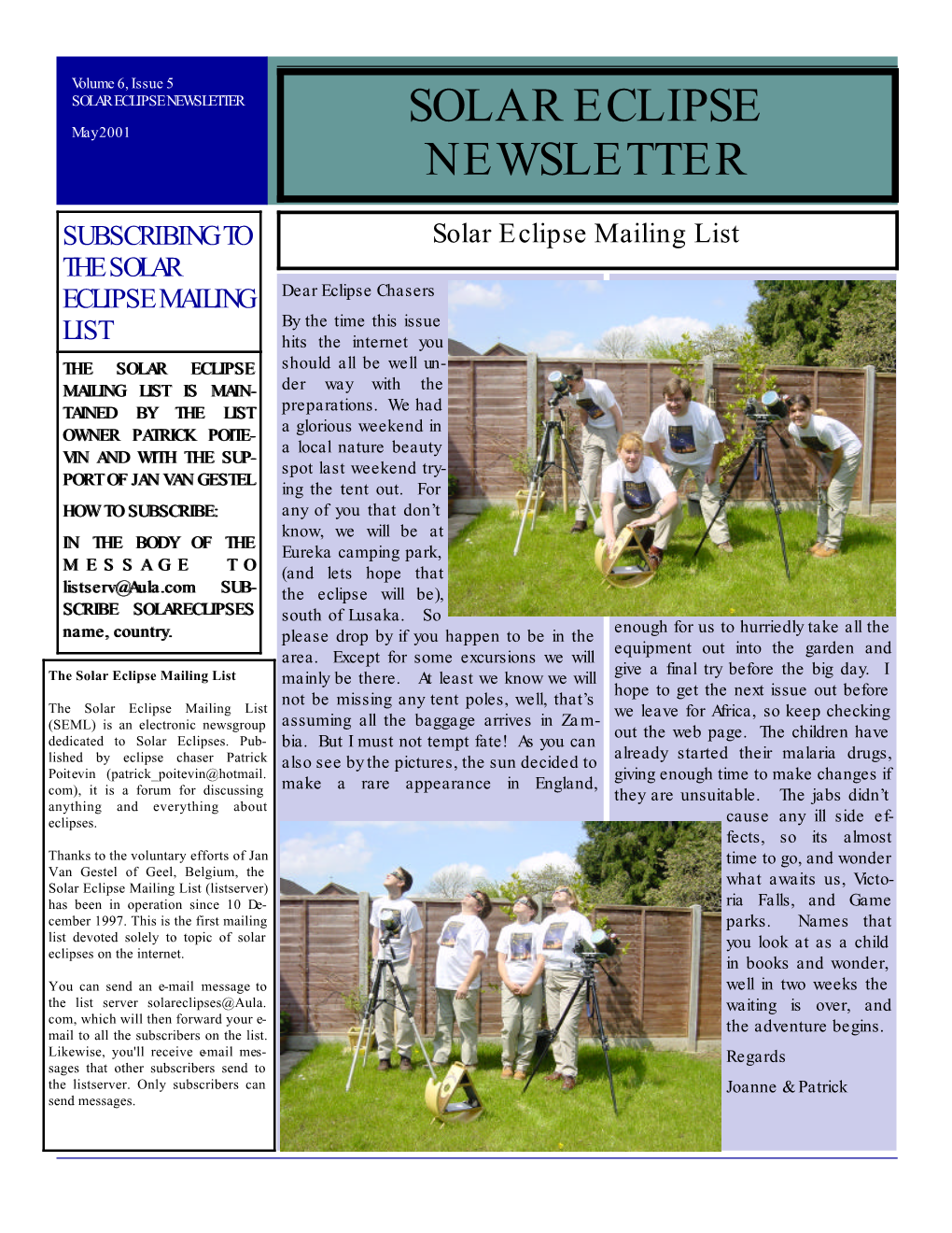 SOLAR ECLIPSE NEWSLETTER SOLAR ECLIPSE May 2001 NEWSLETTER