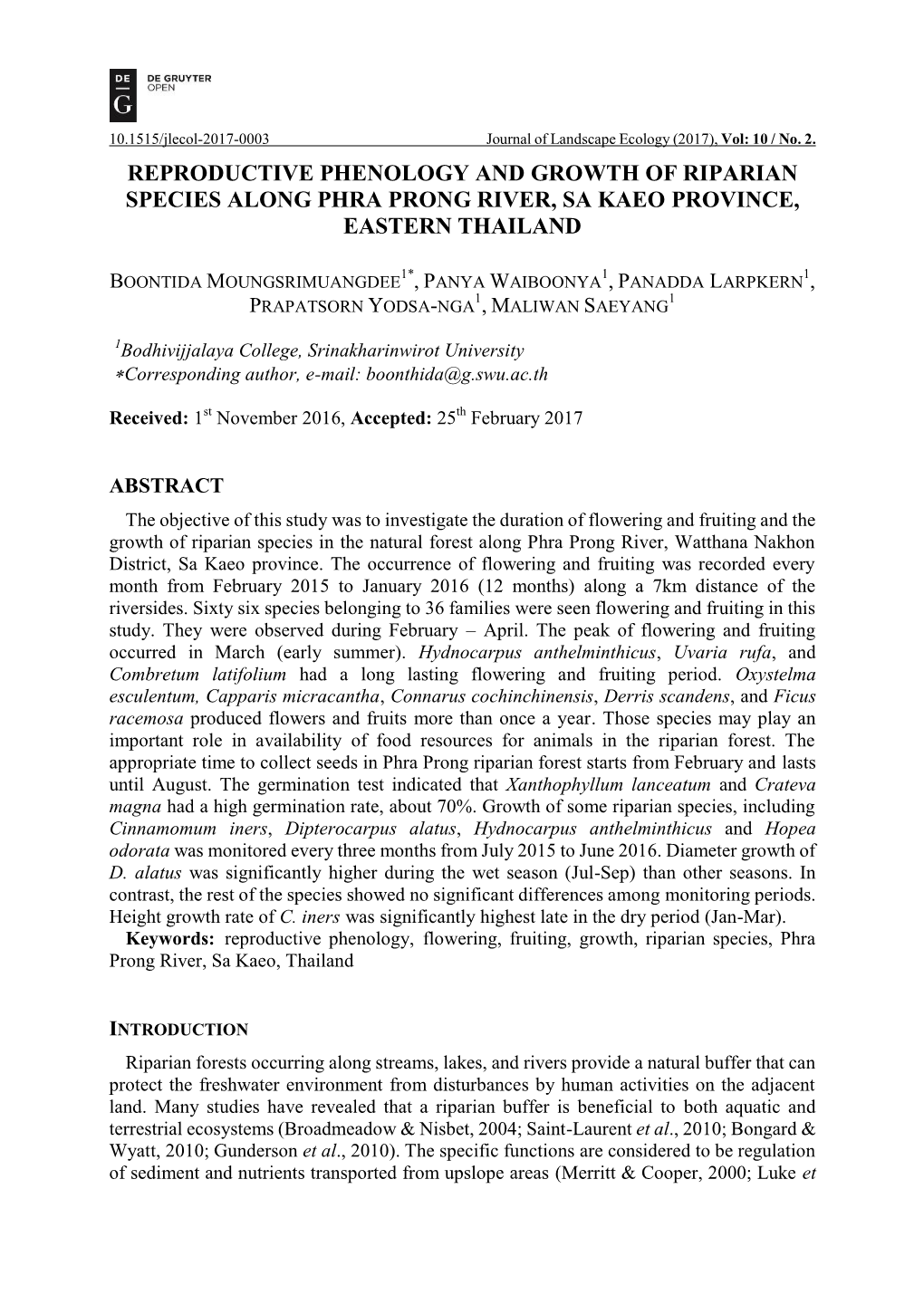 Reproductive Phenology and Growth of Riparian Species Along Phra Prong River, Sa Kaeo Province, Eastern Thailand