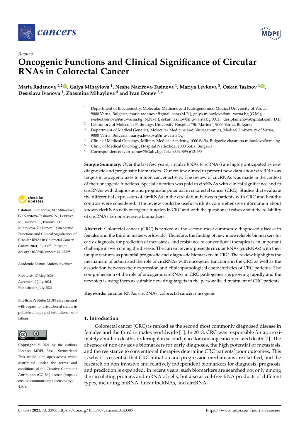 Oncogenic Functions and Clinical Significance of Circular Rnas in Colorectal Cancer