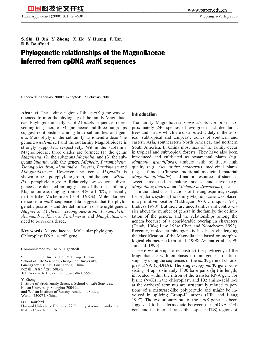 Phylogenetic Relationships of the Magnoliaceae Inferred from Cpdna Matk Sequences