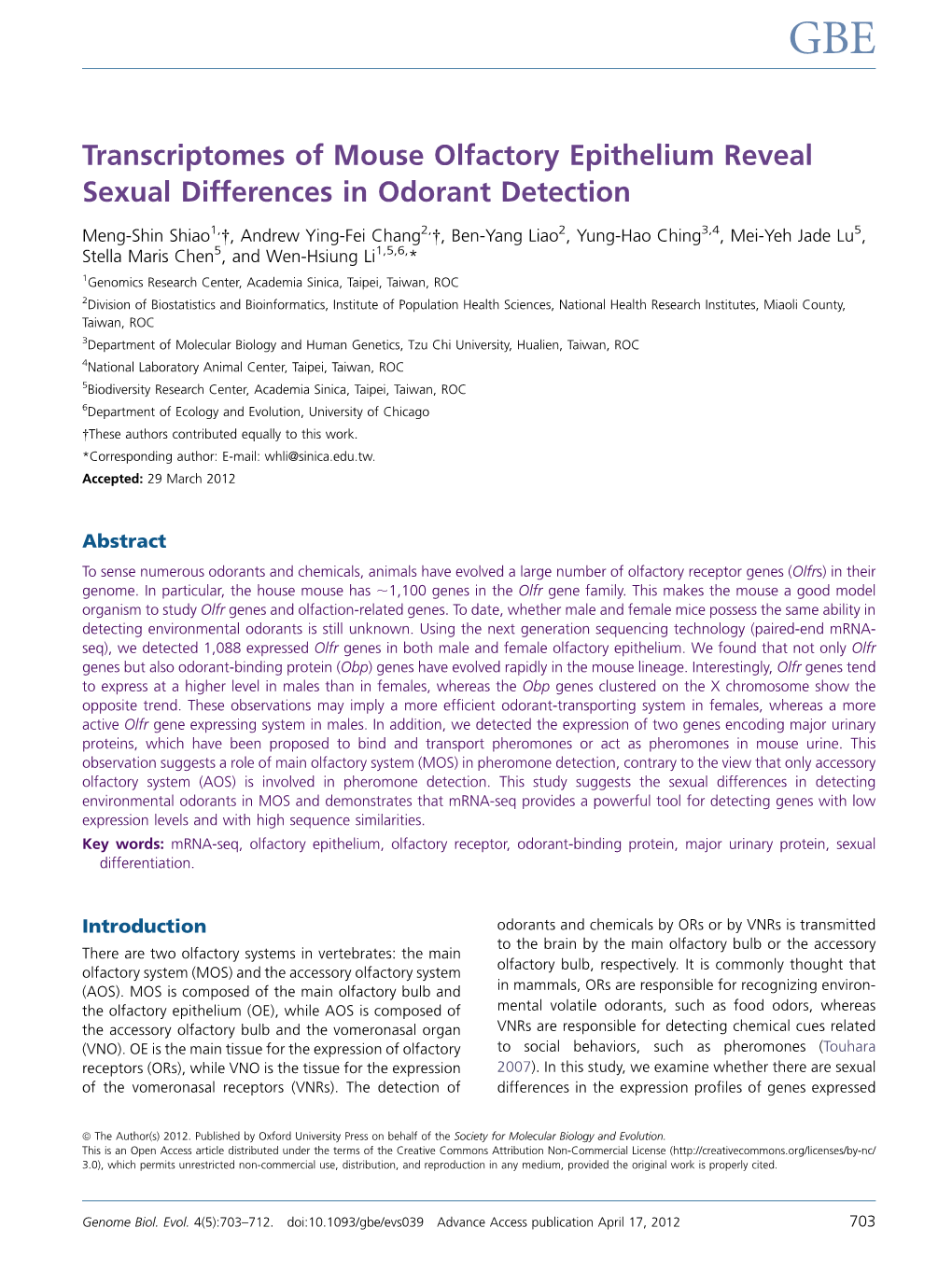 Transcriptomes of Mouse Olfactory Epithelium Reveal Sexual Differences in Odorant Detection