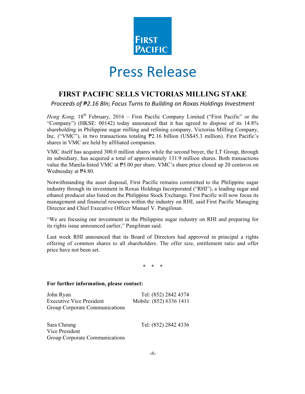 First Pacific Sells Victorias Milling Stake; Proceeds of ₱2.16