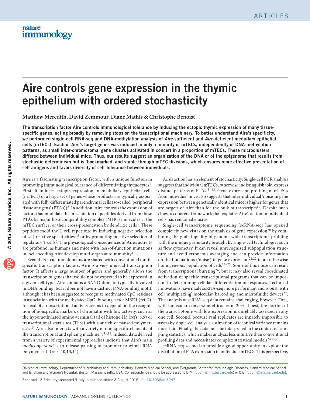 Aire Controls Gene Expression in the Thymic Epithelium with Ordered