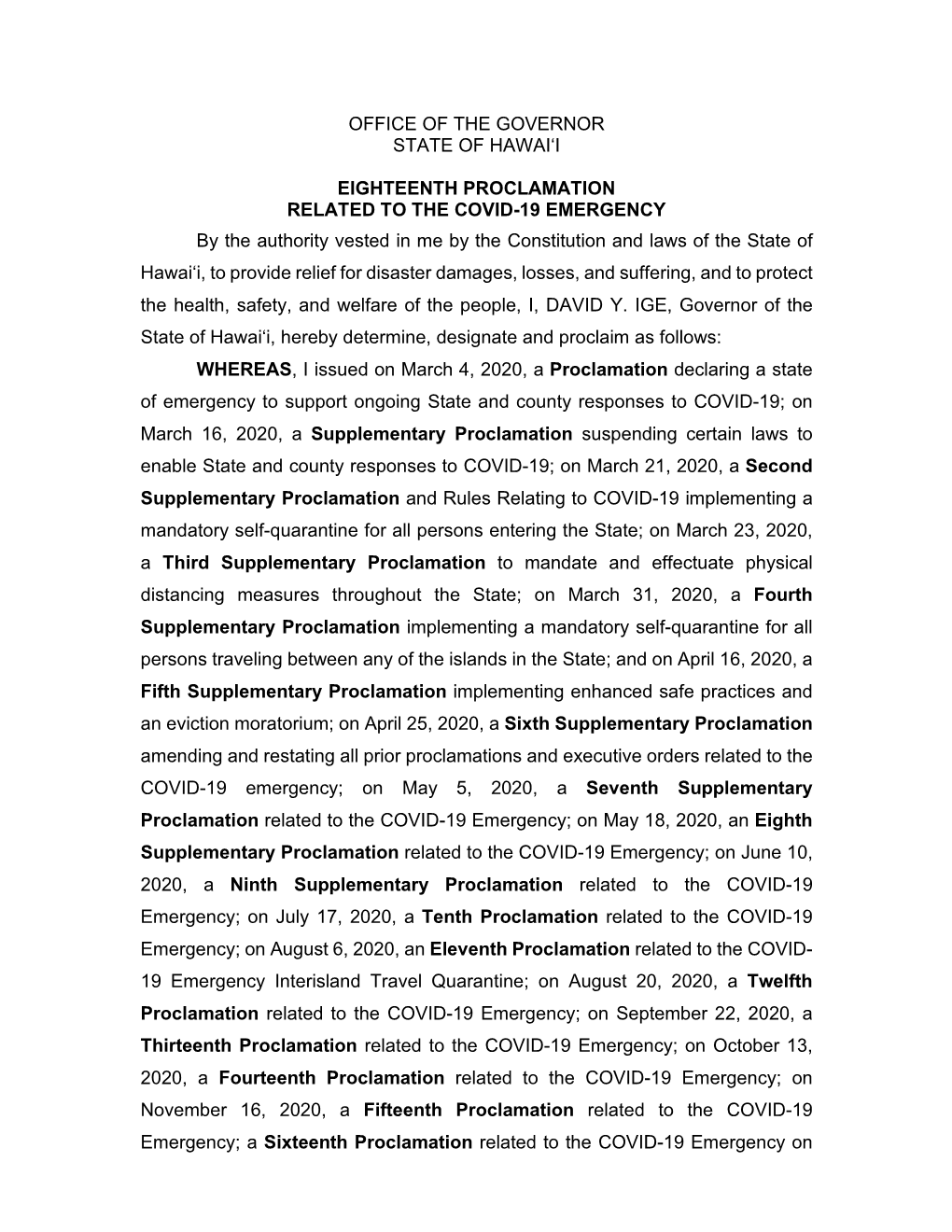 Eighteenth Proclamation Related to the COVID-19 Emergency