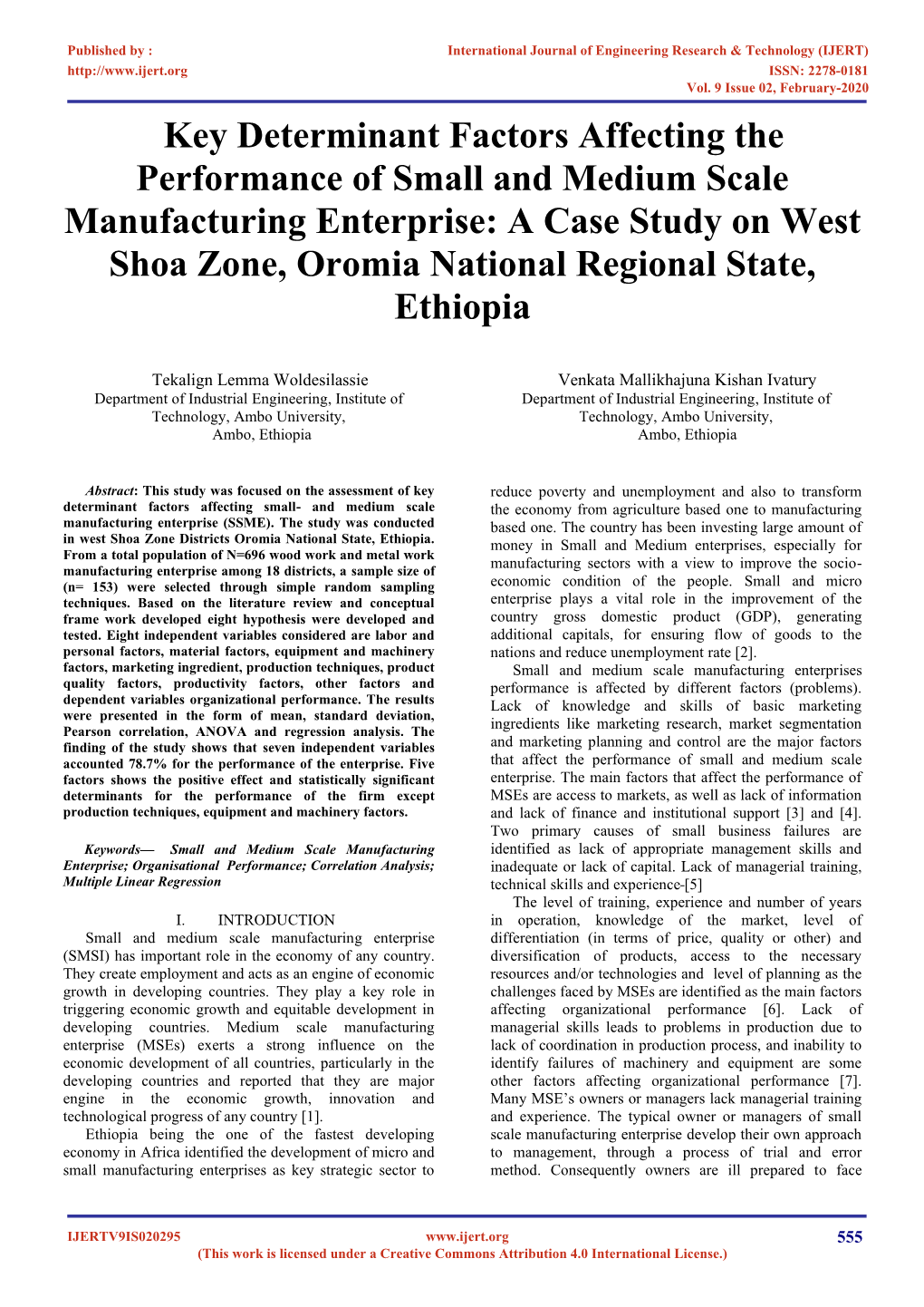 Key Determinant Factors Affecting the Performance of Small and Medium Scale Manufacturing Enterprise