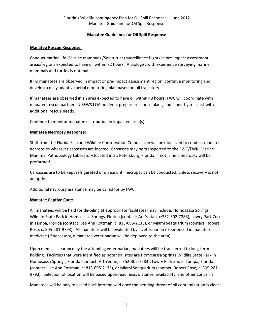 Manatee Guidelines for Oil Spill Response