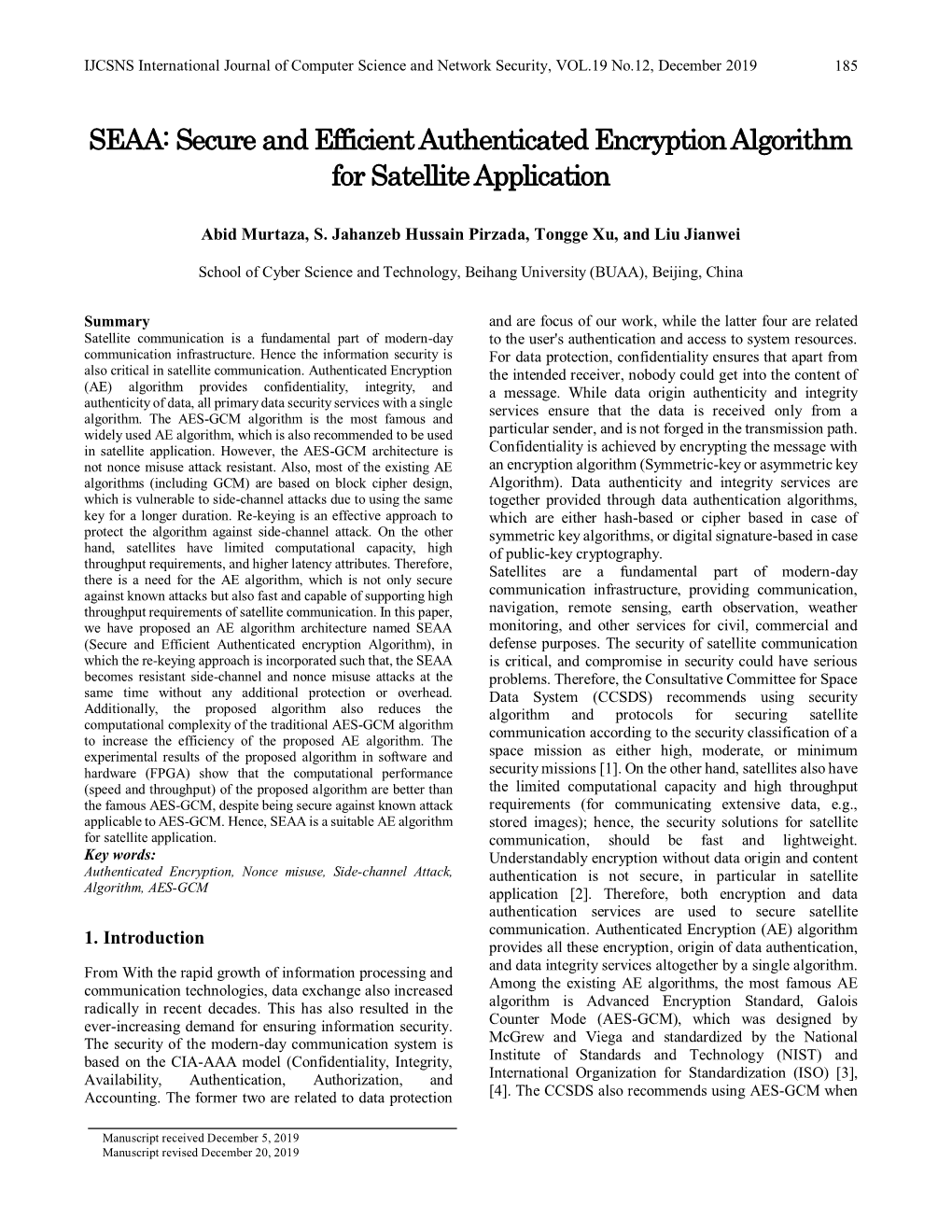 Secure and Efficient Authenticated Encryption Algorithm for Satellite Application