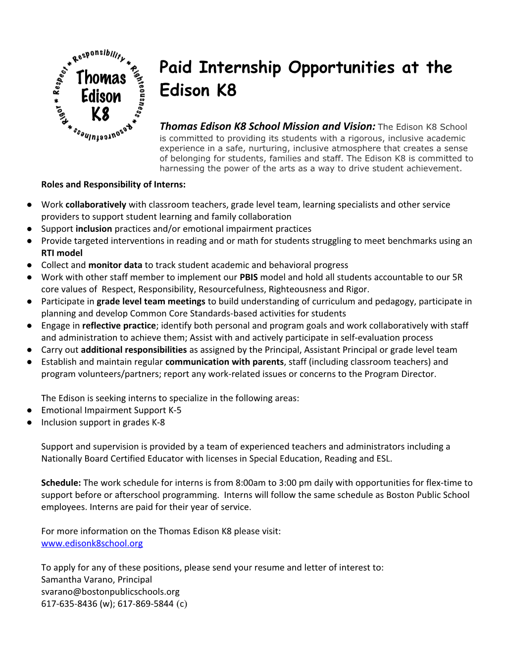 Paid Internship Opportunities at the Edison K8