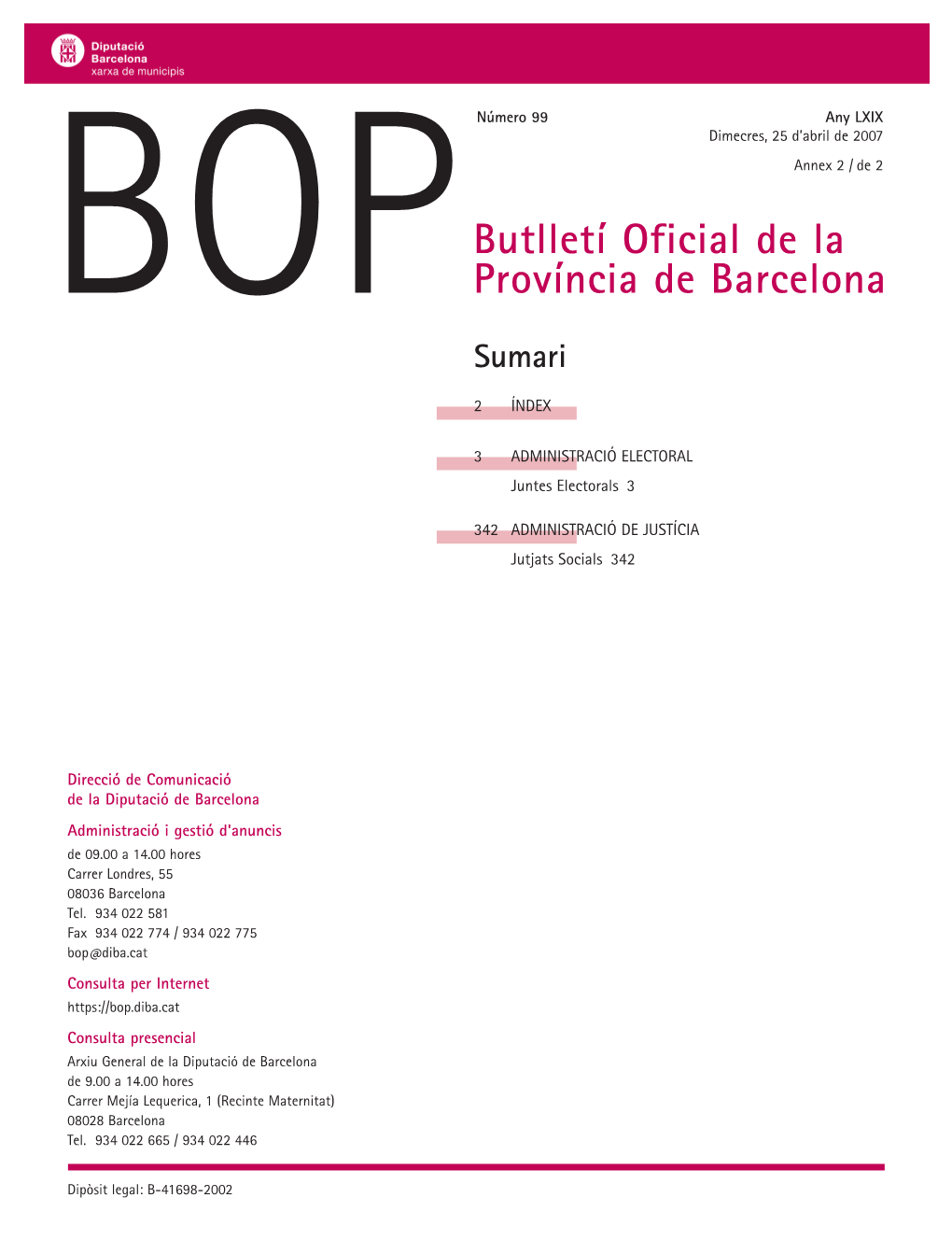 Butlletí Oficial De La Província De Barcelona 25 / 4 / 2007