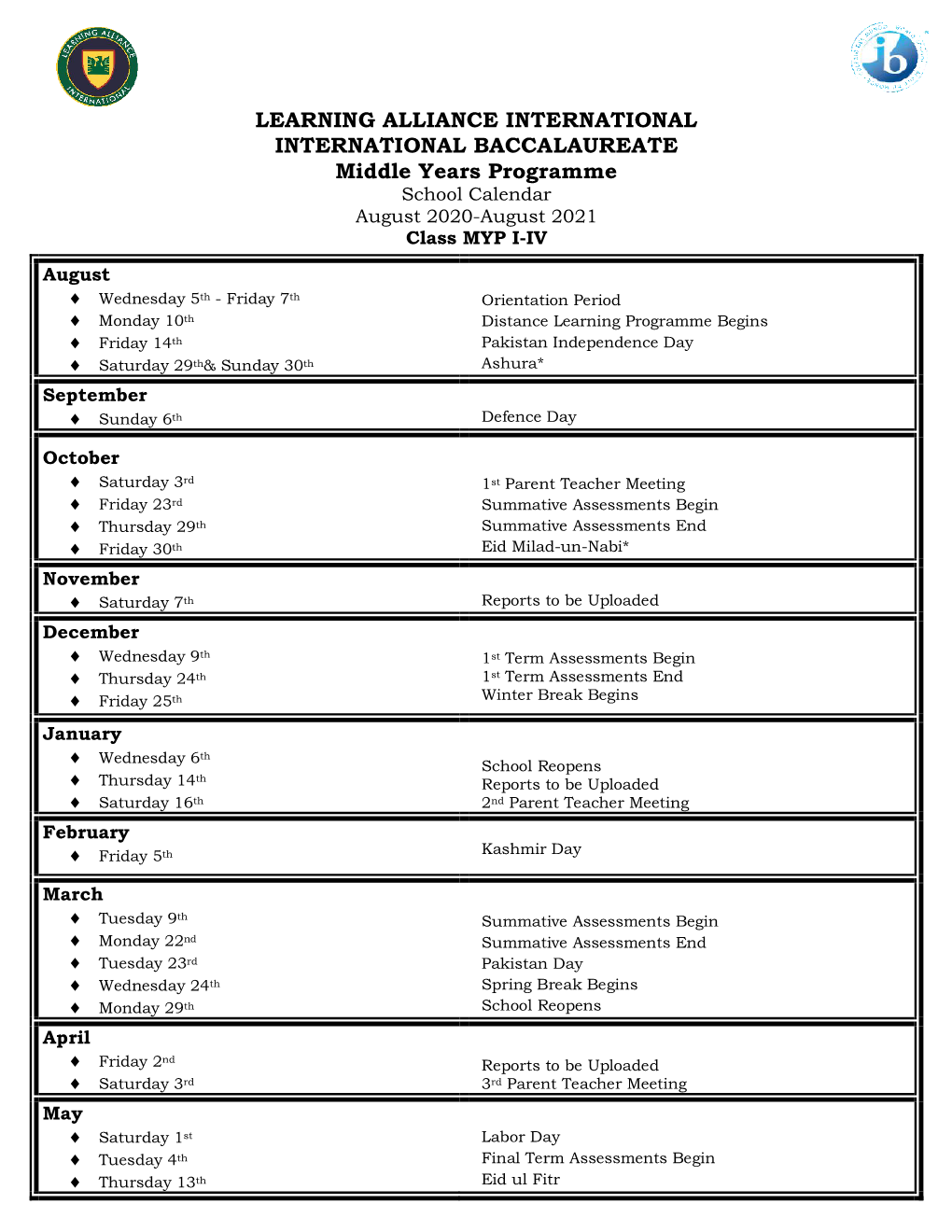 Academic Calendar