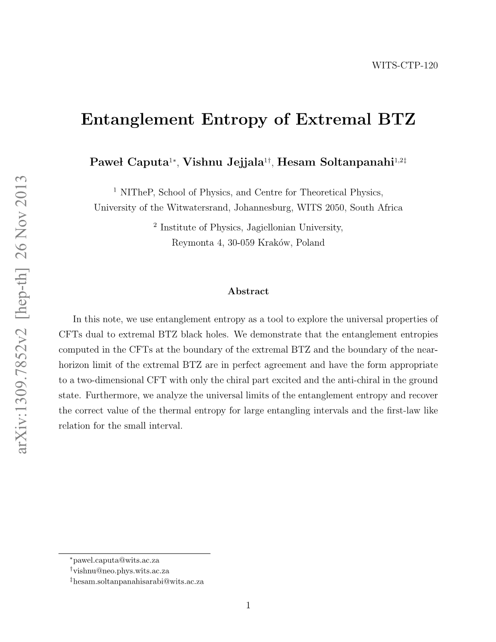 Entanglement Entropy of Extremal BTZ Arxiv:1309.7852V2 [Hep-Th] 26