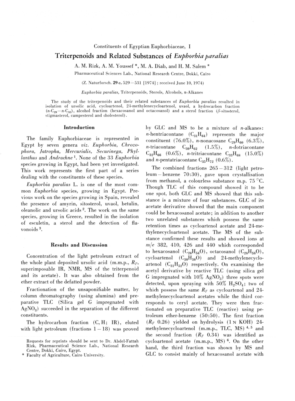 Triterpenoids and Related Substances of Euphorbia Paralias A