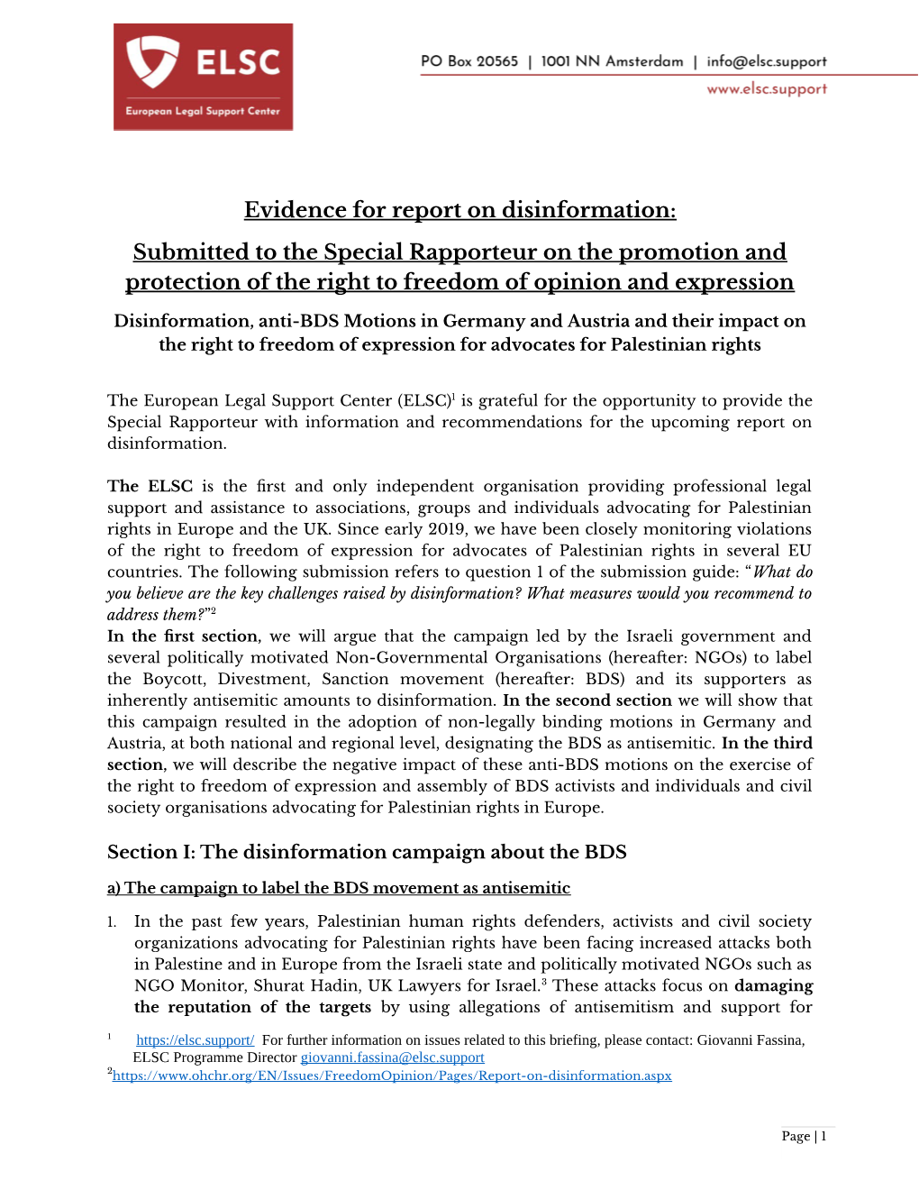 Evidence for Report on Disinformation: Submitted to the Special Rapporteur on the Promotion and Protection of the Right to Freedom of Opinion and Expression