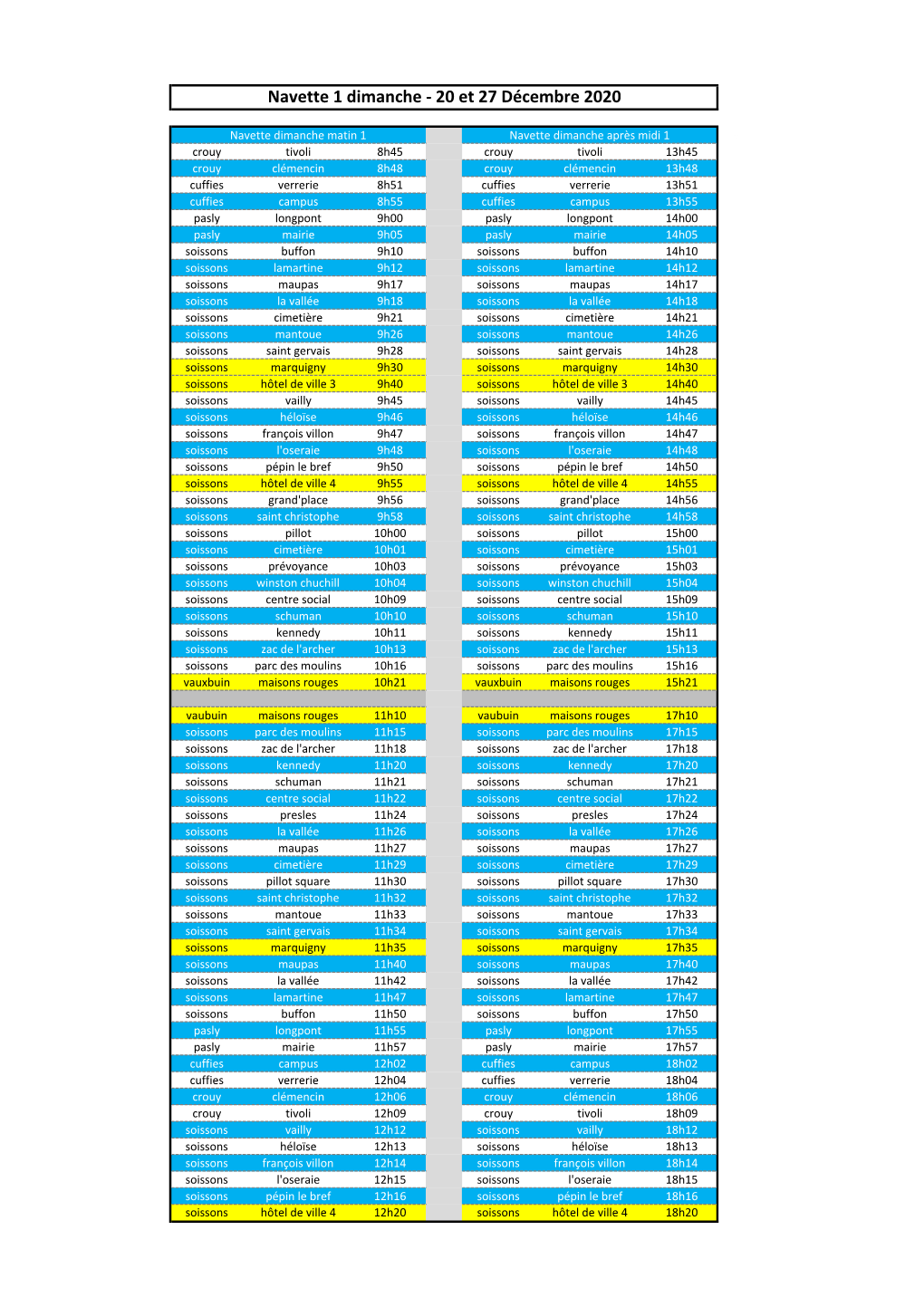 Horaires Navettes Dimanche