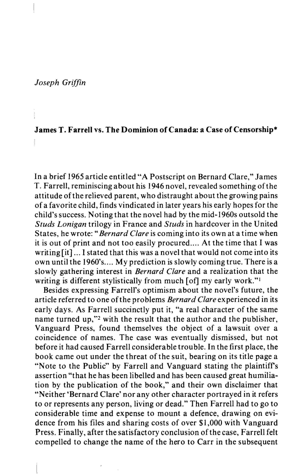 Joseph Griffin James T. Farrell Vs. the Dominion of Canada: A