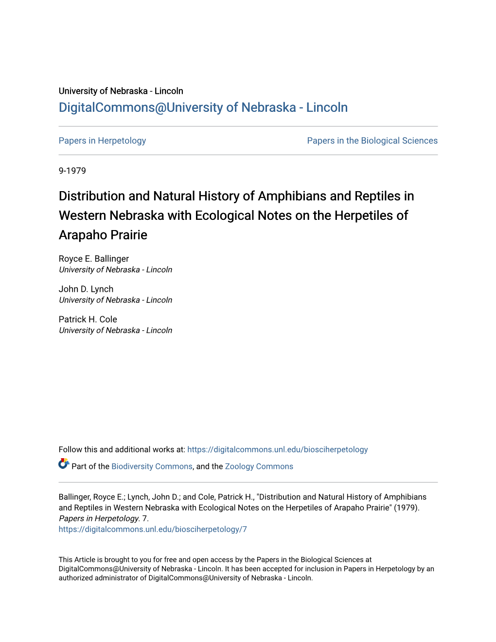 Distribution and Natural History of Amphibians and Reptiles in Western Nebraska with Ecological Notes on the Herpetiles of Arapaho Prairie