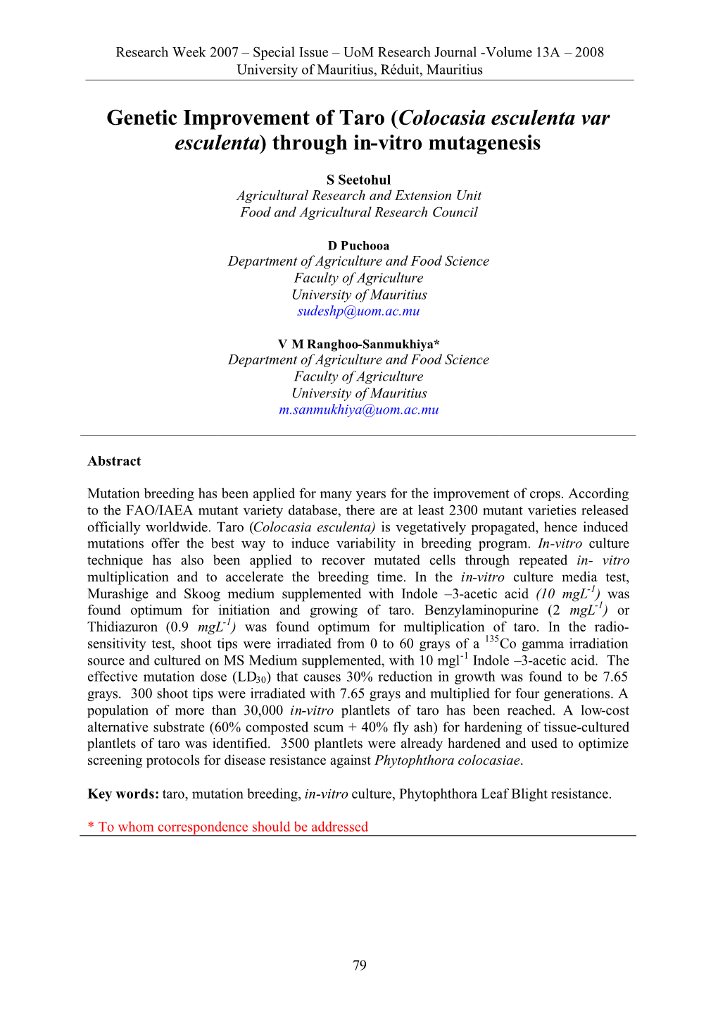 Genetic Improvement of Taro (Colocasia Esculenta Var Esculenta) Through In-Vitro Mutagenesis