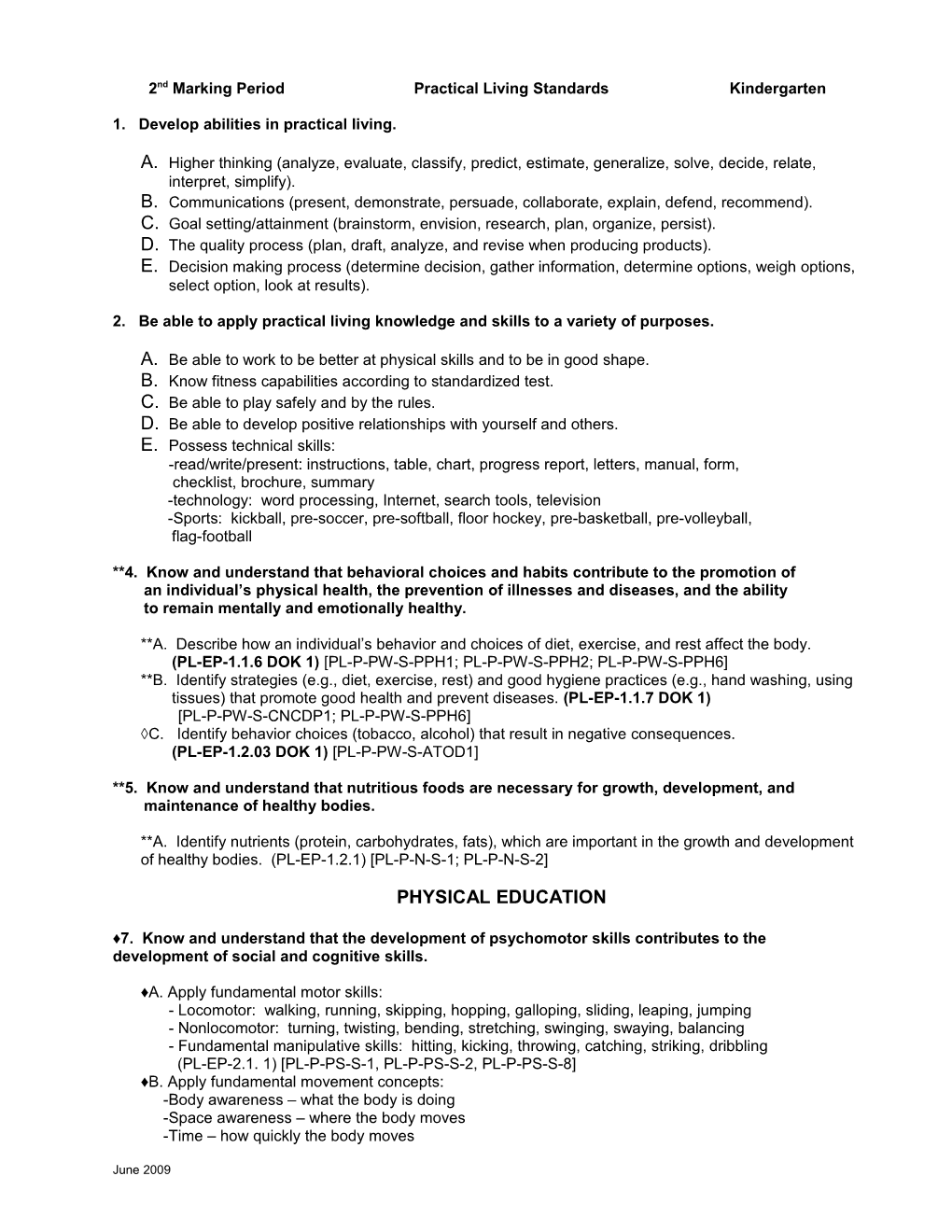 First Marking Period Practical Living Standards Kindergarten